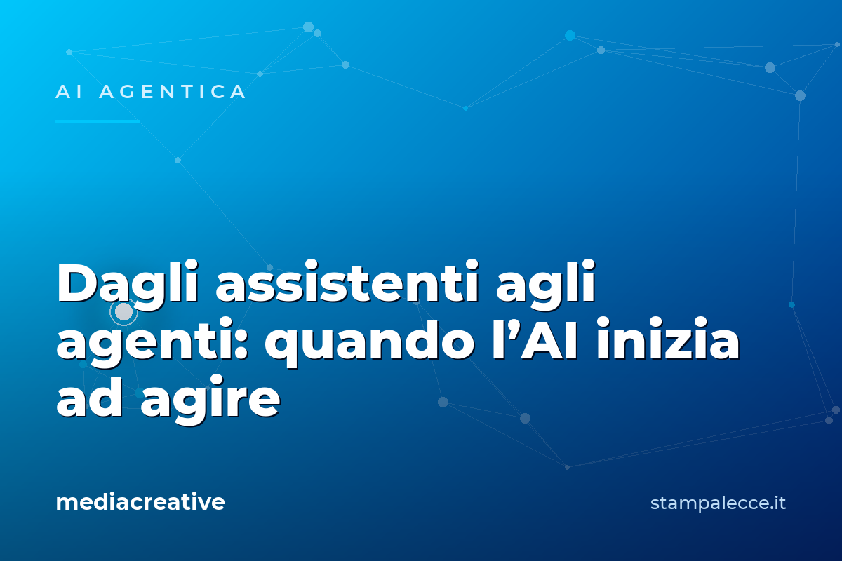 Rete di nodi connessi su gradiente blu: metafora dell’AI agentica che collega obiettivi, strumenti e azioni.
