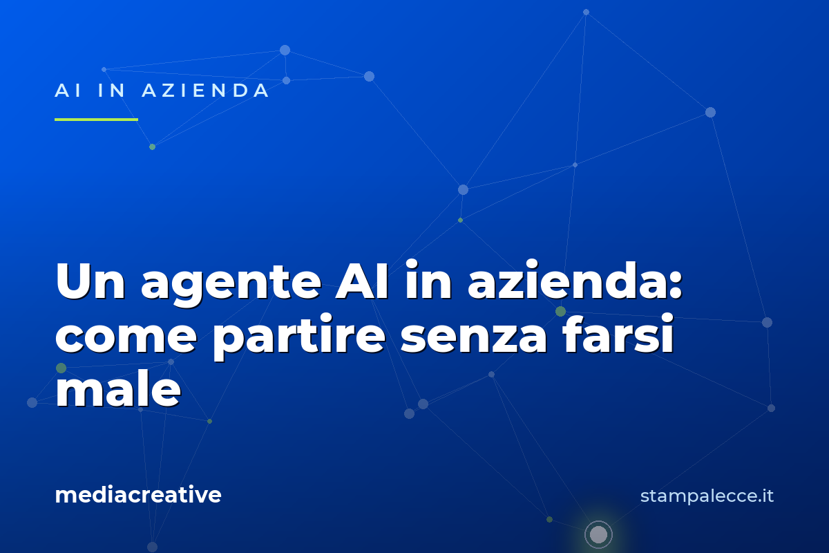 Rete di nodi su gradiente blu con accento verde: introdurre un agente AI in azienda passo dopo passo.