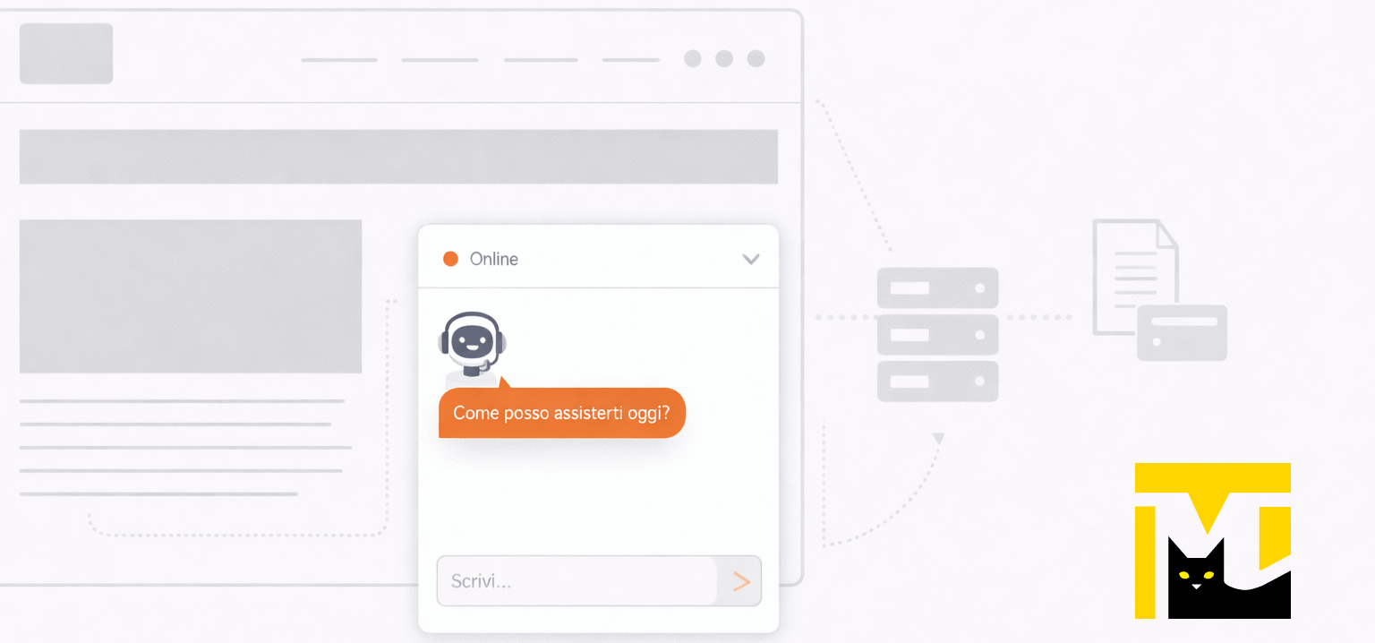 Interfaccia web minimal in scala di grigi con widget chat assistente virtuale in evidenza e dettagli arancioni, collegato a icone server e documenti su sfondo chiaro.
