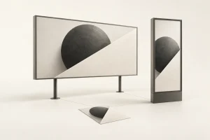 Illustrazione generata con intelligenza artificiale: cartellone pubblicitario, totem e volantino con la stessa grafica di una sfera scura tagliata in diagonale
