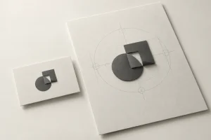 Illustrazione generata con intelligenza artificiale: biglietto da visita e foglio da disegno con un marchio geometrico in carta grigia, costruito su cerchi e linee di progetto