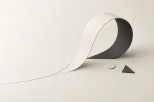 Illustrazione generata con intelligenza artificiale: nastro di carta bianco e nero che si alza da una linea a matita e si avvolge, accanto a un cerchio e a un triangolo ritagliati