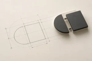 Illustrazione generata con intelligenza artificiale: disegno tecnico quotato di un logo a matita e lo stesso logo realizzato in rilievo con pannelli scuri e distanziali
