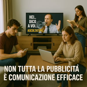 Immagine concettuale: uomo in TV ignora un pubblico distratto – metafora di comunicazione inefficace