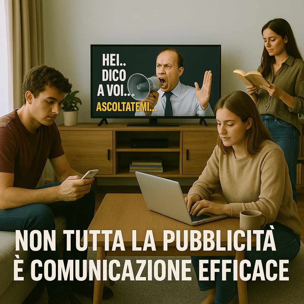 Immagine concettuale: uomo in TV ignora un pubblico distratto – metafora di comunicazione inefficace