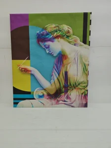 Stampa su tela montata su telaio con un ritratto in stile pop art